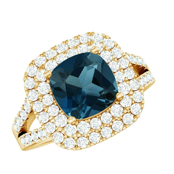 Rosec Jewels London Blue Topaz Engagement Ring with Double Halo - Cushion Cut Ring - AAA Quality Certified - With Jewelry Box, 10K Yellow Gold, US 3.00