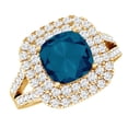 thumbnail image 1 of Rosec Jewels London Blue Topaz Engagement Ring with Double Halo - Cushion Cut Ring - AAA Quality Certified - With Jewelry Box, 10K Yellow Gold, US 8.50, 1 of 8