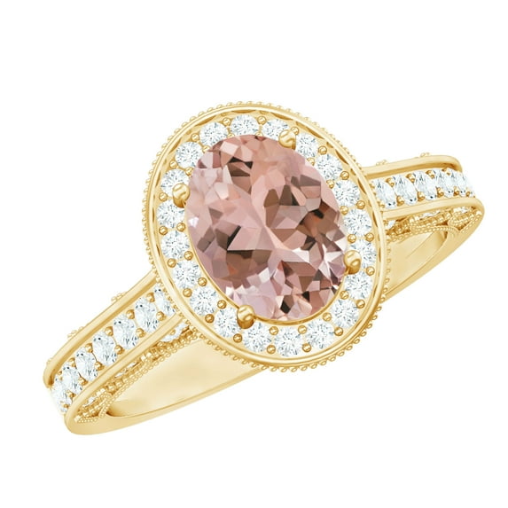 Rosec Jewels Vintage Inspired Ring for Women, Oval Morganite Ring with Diamond Halo, 10K Yellow Gold, US 3.50