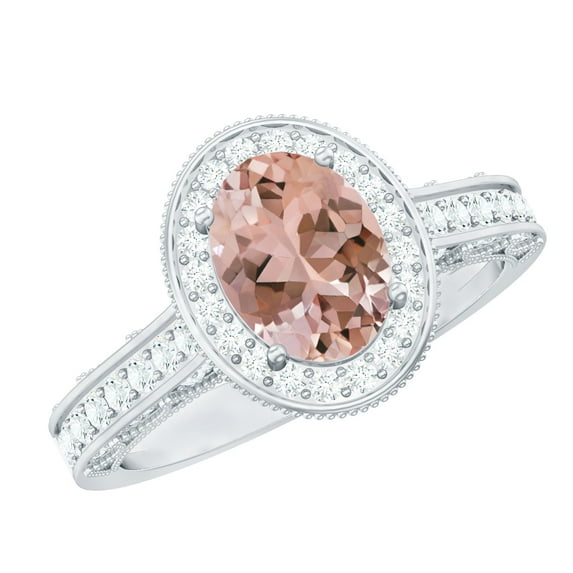 Rosec Jewels Vintage Inspired Ring for Women, Oval Morganite Ring with Diamond Halo, 925 Sterling Silver, US 4.00