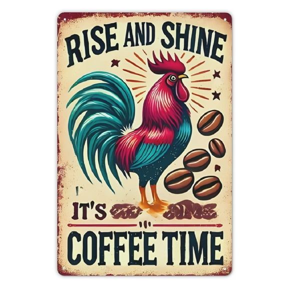 Vintage-Inspired "Rise and Shine It's Coffee Time" Rooster Metal Sign - 1pc, Iron Wall Art for Kitchen or Cafe Decor, Farmhouse Style 8x12 Inch Chicken Tin Sign