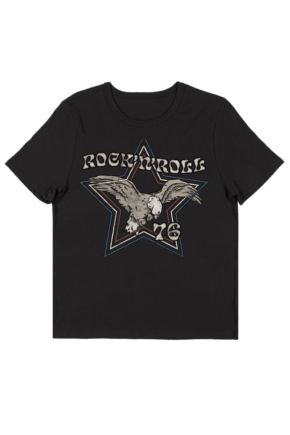 Vintage-Inspired Rock N Roll Americana Eagle Women's Black Short Sleeve Crew Neck Tee-Medium
