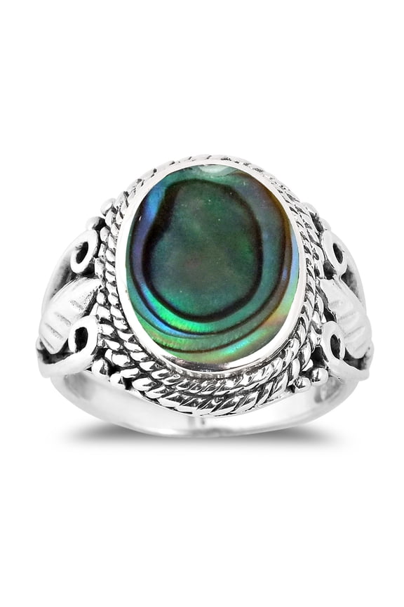 Vintage Inspired Round Abalone Shell with Leaf Accents Sterling Silver Ring – 10