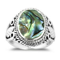 Vintage Inspired Round Abalone Shell with Leaf Accents Sterling Silver Ring - 7