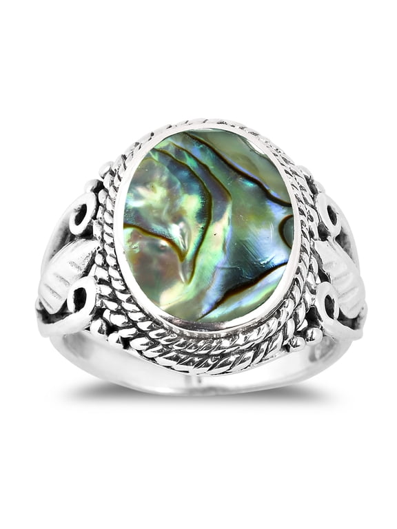 Vintage Inspired Round Abalone Shell with Leaf Accents Sterling Silver Ring - 7