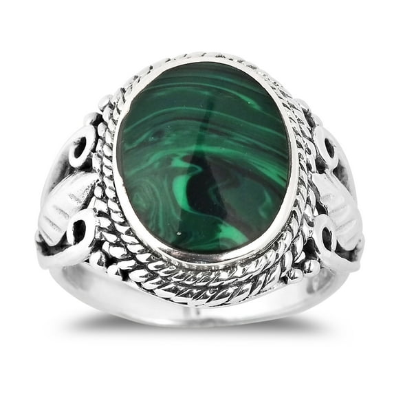 Vintage Inspired Round Green Malachite Nature Sterling Silver Ring-9