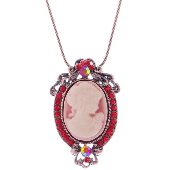Vintage Inspired Ruby Red Crystal Rhinestones Cameo Lady Pendant Necklace