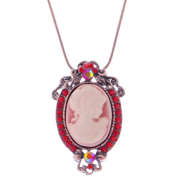 Vintage Inspired Ruby Red Crystal Rhinestones Cameo Lady Pendant Necklace