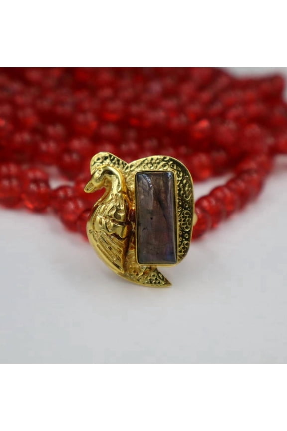 Vintage Inspired Sarus Crane Brass Ring With Labradorite Gold Plated Bohemian Jewelry for Women, Handmade Ethnic Gypsy Style Statement Ring