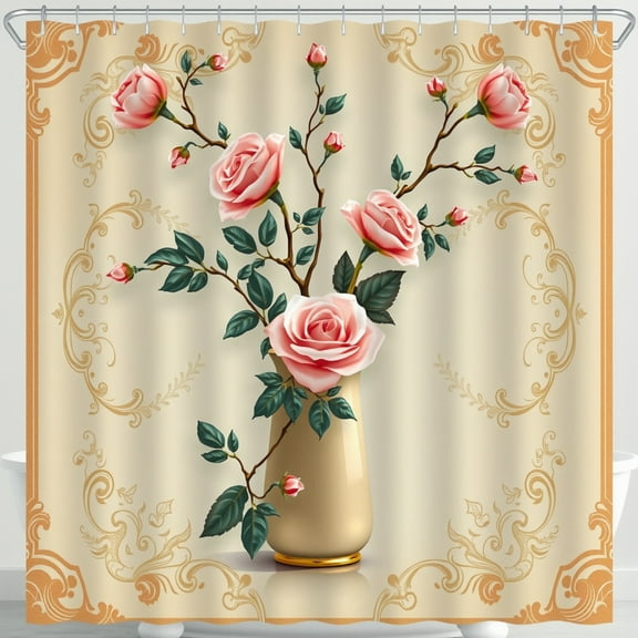 Vintage-Inspired Shower Curtain with Gold Scrollwork & Pink Roses