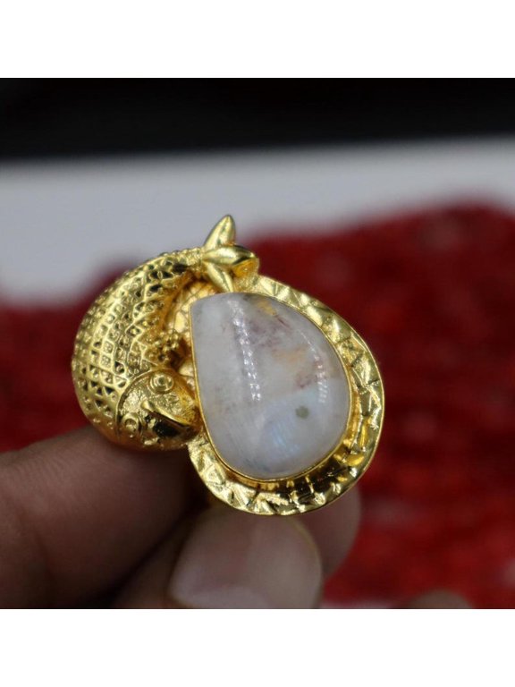 Vintage Inspired Statement Big Brass Ring, Healing Gemstone Ring, Artisan Brass Rings, Gypsy-Style Jewelry, Multi Color Flash Moonstone Ring