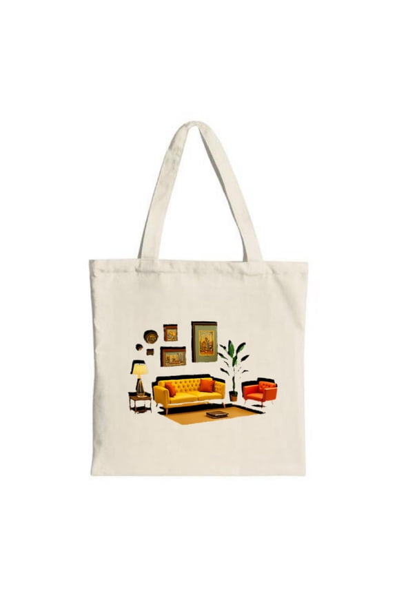 Vintage-Inspired Tote Bag: Cozy interior scene with yellow tufted sofa red cushions and charming decor Perfect for shopping and travel