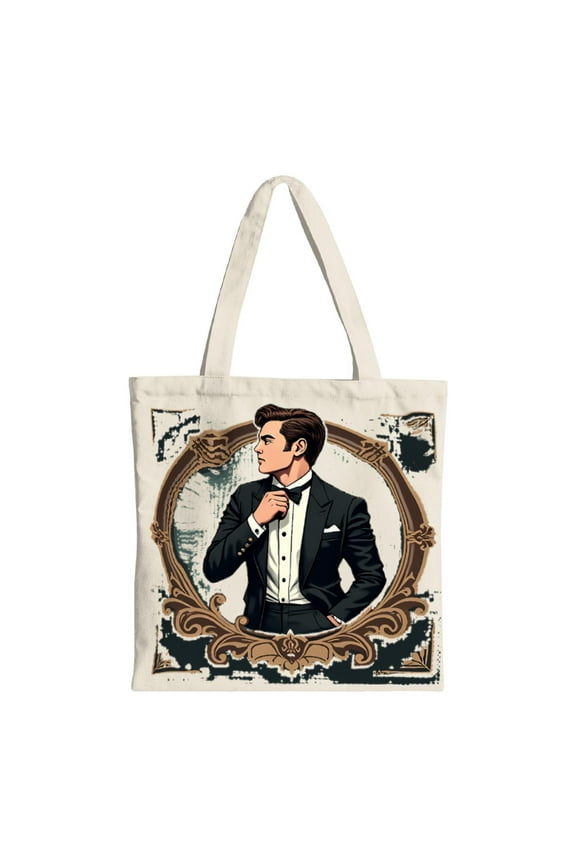 Vintage-Inspired Tote Bag with Elegant Design - Multifunctional Canvas Bag for Parties Travel & Shopping - Stylish Reusable Shopping Bag with Ornate Golden Frame