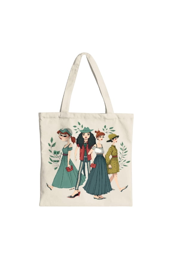 Vintage-Inspired Tote Bag with Elegant Women Illustration - Stylish Canvas Bag for Shopping Travel & Parties - Multifunctional Reusable Design with Artistic Foliage Background