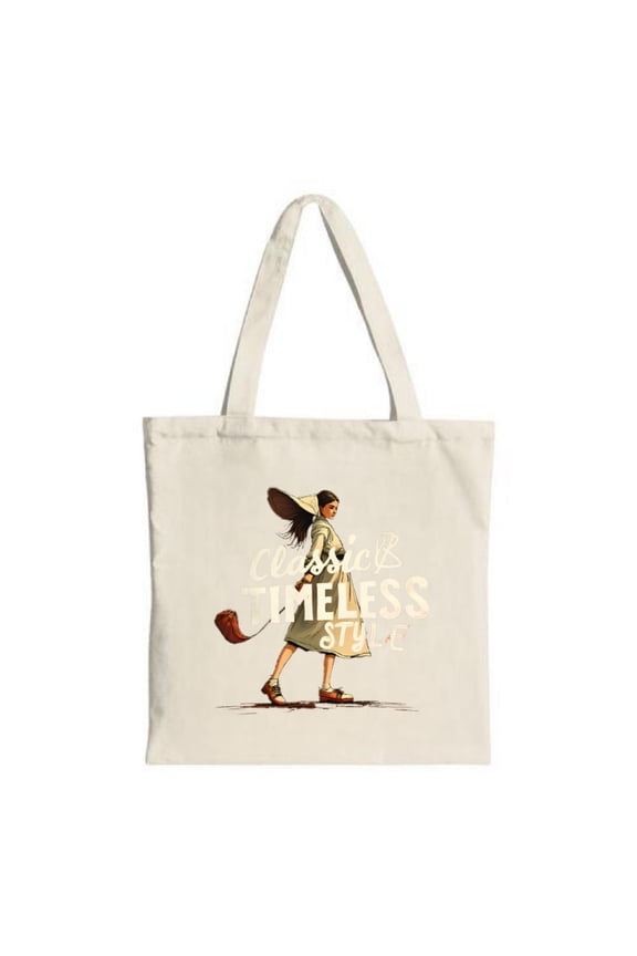 Vintage-Inspired Tote Bag with Cream Fabric Featuring a Stylish Woman with ' Classic Style ' Text - Perfect for Shopping