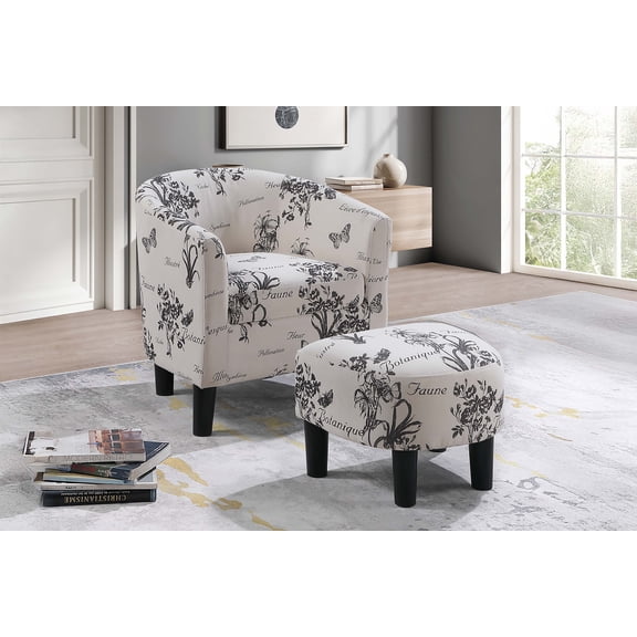 Vintage-Inspired White Fabric Accent Chair with Ottoman - Cozy Reading Chair for Living Room, Bedroom, or Office - Modern Design