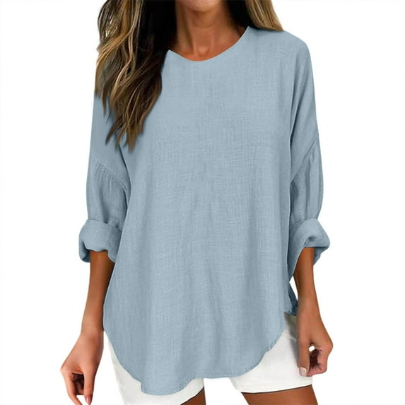 Vintage Inspired Women's Loose Fit Crew Neck Top Breathable Long Sleeve Everyday Basic Staple Shirt