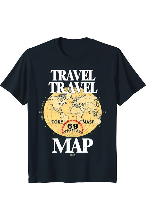 Vintage Inspired World Map Graphic Black T-Shirt with Travel Theme
