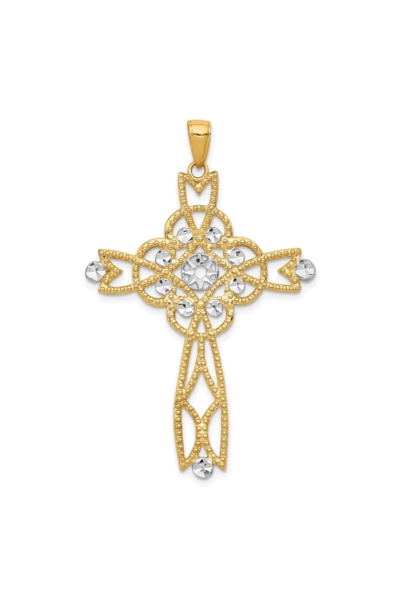 Vintage Inspired Yellow Gold Cross Pendant Necklace with Curved Loop and Filigree Design for Men and Women Spiritual Christian Faith Jewelry