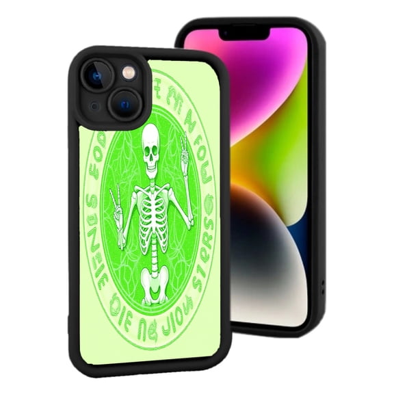 Vintage-Inspired iPhone 15 Case: Lightweight Yellowing Resistant with Unique Skeleton Design & Circular Text Pattern