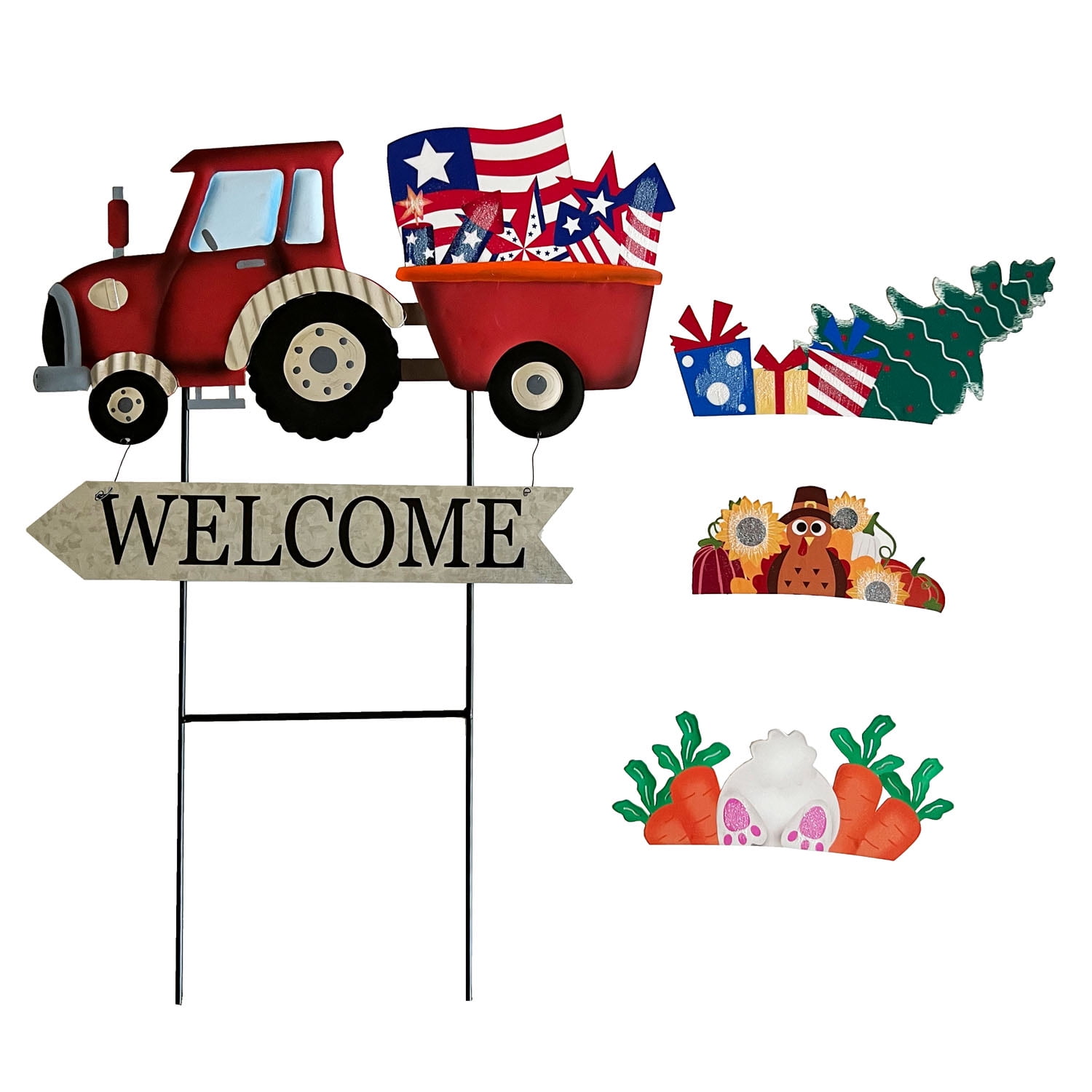 Red Metal Vintage Pickup Truck Yard Stake with Interchangeable Seasonal Signs