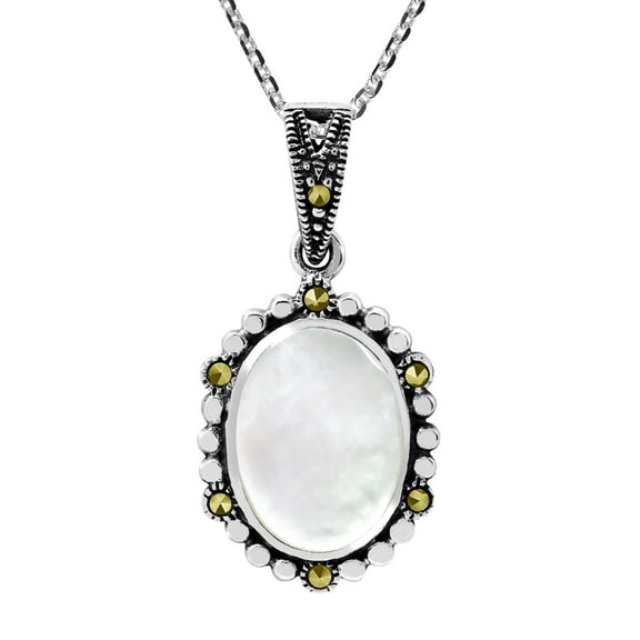 Vintage Iridescent Oval White Shell Marcasite Frame Sterling Silver Necklace