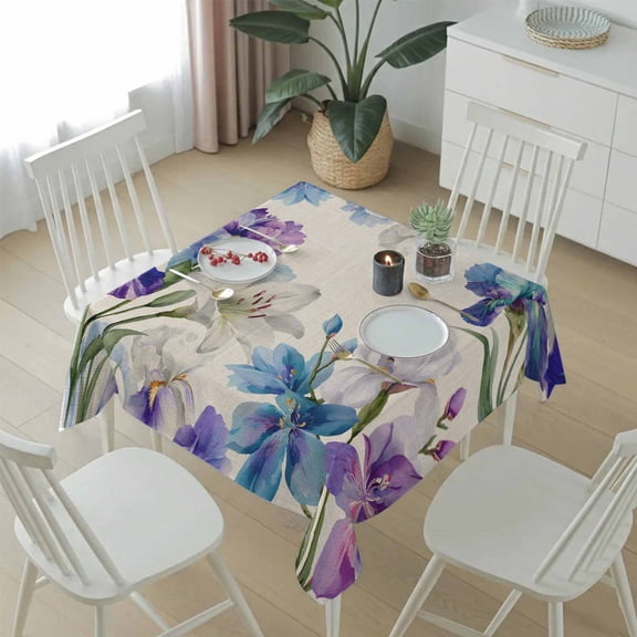 Vintage Iris Flowers Lilies Table Cloth 54x54in, Waterproof Square Tablecloth Wipeable Tablecloths Spring Floral on Linen Table Covers for Dining Tables Party Indoor Outdoor