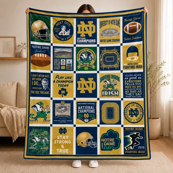Vintage Irish College Football Inspired Blanket, Navy Gold Patchwork Stadium Throw, Fighting Leprechaun Game Day Fleece Blanket, College Sports Fan Gift