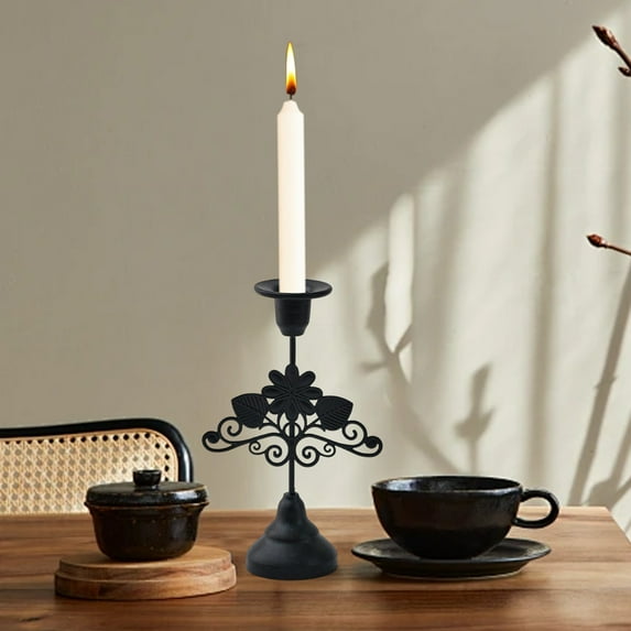 Vintage Iron Flower Candlestick Holders - Romantic Table Decoration for Home, Bedroom, Living Room, and Special Events (Black)
