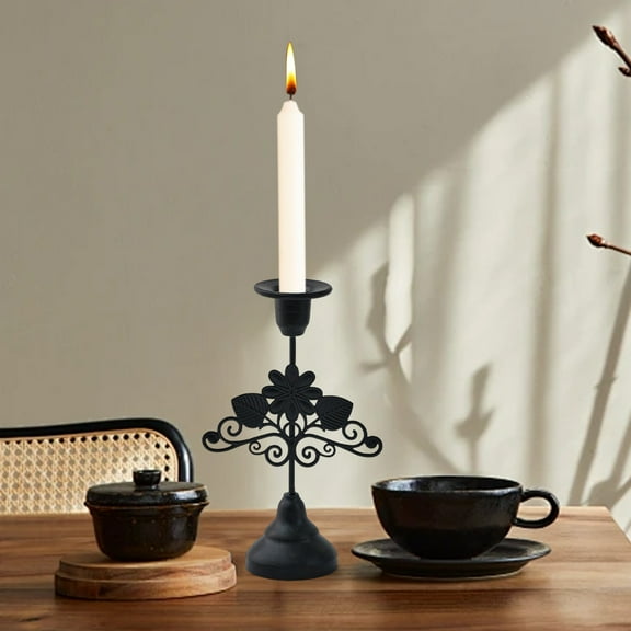 Vintage Iron Flower Candlestick Holders - Romantic Table Decoration for Home, Bedroom, Living Room, and Special Events (Black)