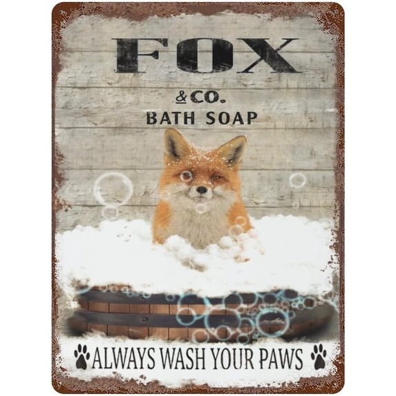 Vintage Iron Hanging Plate Fox Fun Tin Sign Vintage Bath Soap Wash Your Paws Metal Tin Sign Bar Club Family Bathroom Toilet Cafe Wall Decoration Fox Lovers Gift Animal Wall Art 5.5"x8"