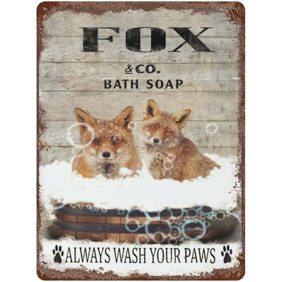 Vintage Iron Hanging Plate Fox Poster Tin Sign Vintage Bath Soap Wash Your Paws Metal Tin Sign for Bar Club Family Bathroom Toilet Cafe Funny Wall Decoration Fox Lovers Gift 12"x16"