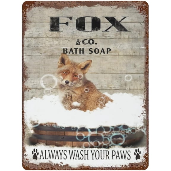 Vintage Iron Hanging Plate Fox Retro Tin Sign Vintage Bath Soap Wash Your Paws Metal Tin Sign Bar Club Family Bathroom Toilet Cafe Wall Decoration Fox Lovers Gift Housewarming Gift 12"x16"