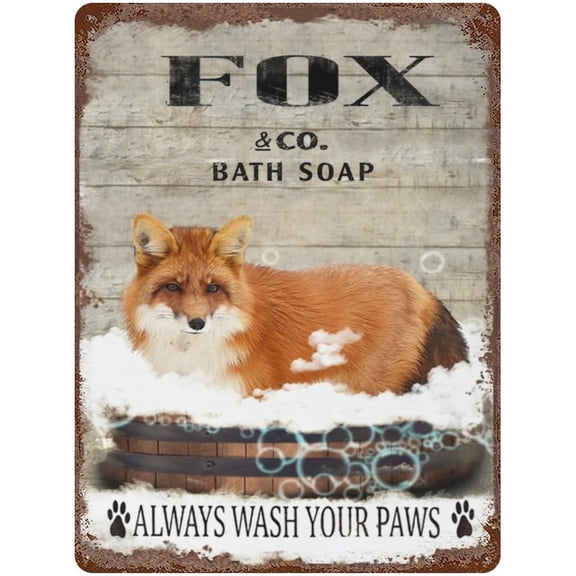 Vintage Iron Hanging Plate Fox Tin Sign Vintage Fox Bath Soap Wash Your Paws Metal Tin Sign Bar Club Family Bathroom Toilet Cafe Wall Decor Fox Lovers Gift Birthday Housewarming Gift 5.5"x8"
