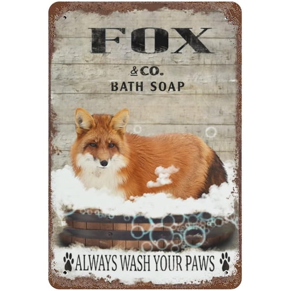 Vintage Iron Hanging Plate Fox Tin Sign Vintage Fox Bath Soap Wash Your Paws Metal Tin Sign Bar Club Family Bathroom Toilet Cafe Wall Decor Fox Lovers Gift Birthday Housewarming Gift 12"x8"