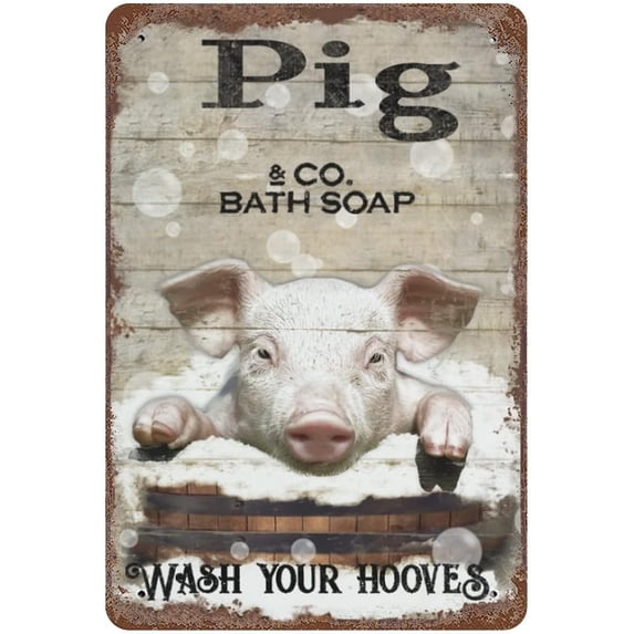 Vintage Iron Hanging Plate Funny Pig Bathroom Metal Tin Sign Pig Wall Decor Toilet Pig Wash Your Hooves Retro Bathroom Decor for Home Office Coffee Bar Animal Wall Art 12"x8"