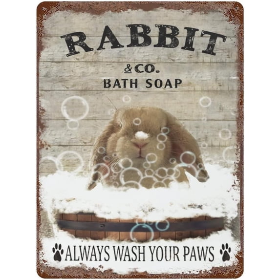 Vintage Iron Hanging Plate Rabbit Bath Soap Metal Tin Sign Wash Your Paws Retro Tin Sign Funny Rabbit Decor Bathroom Decor Bathtub Decor Rabbit Lovers Gift Housewarming Gift For Women Men 12"x16"