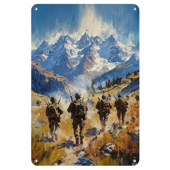 Vintage Iron Metal Sign, Military Soldiers and Italian Armored Vehicle with Mountain Range and Blue Sky, Tin Wall Art Decor, 8x12 inches, for Home, Bar, Cafe, Garden, Farmhouse, Room Decoration