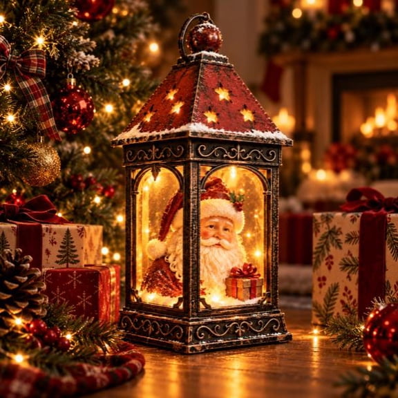 Vintage Iron Santa Christmas Lantern,Warm Glow Holiday Tabletop Lantern,Distressed Iron Frame with Star Cutouts for Home Decor