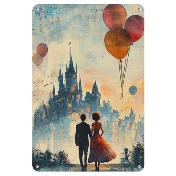 Vintage Iron Wall Art - Romantic Hot Air Balloon and Castle Scene, Watercolor Impressionistic Style, Ideal for Home or Office Decor, Perfect Valentine's Day Gift, Romantic Home Decor