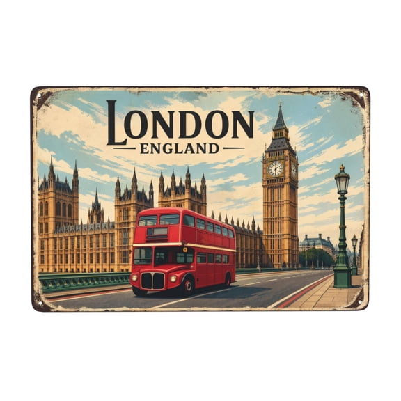Vintage Iron Wall Decor Sign London England Big Ben Red Bus 8x12 Inch - Metal Plaque with Pre-Drilled Holes for Easy Hanging - Retro British Style Indoor Outdoor Weather Resistant Decoration