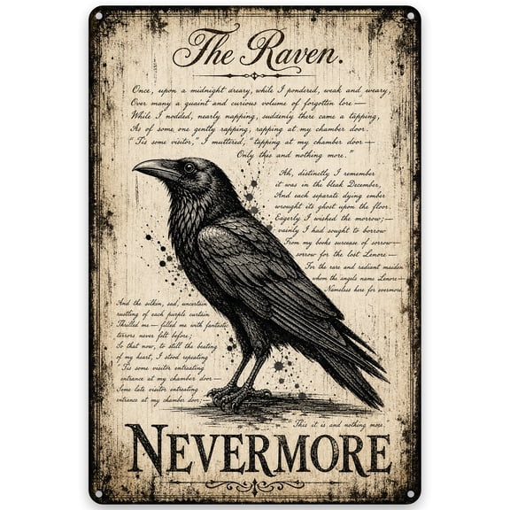 Vintage Iron Wall Decor Sign with The Raven Poem Theme, Edgar Allan Poe Tribute, Rustic Style, Weather Resistant 8x12 Inch Metal Art for Indoor Outdoor Home Decor, Pre-Drilled Holes for Easy Hanging