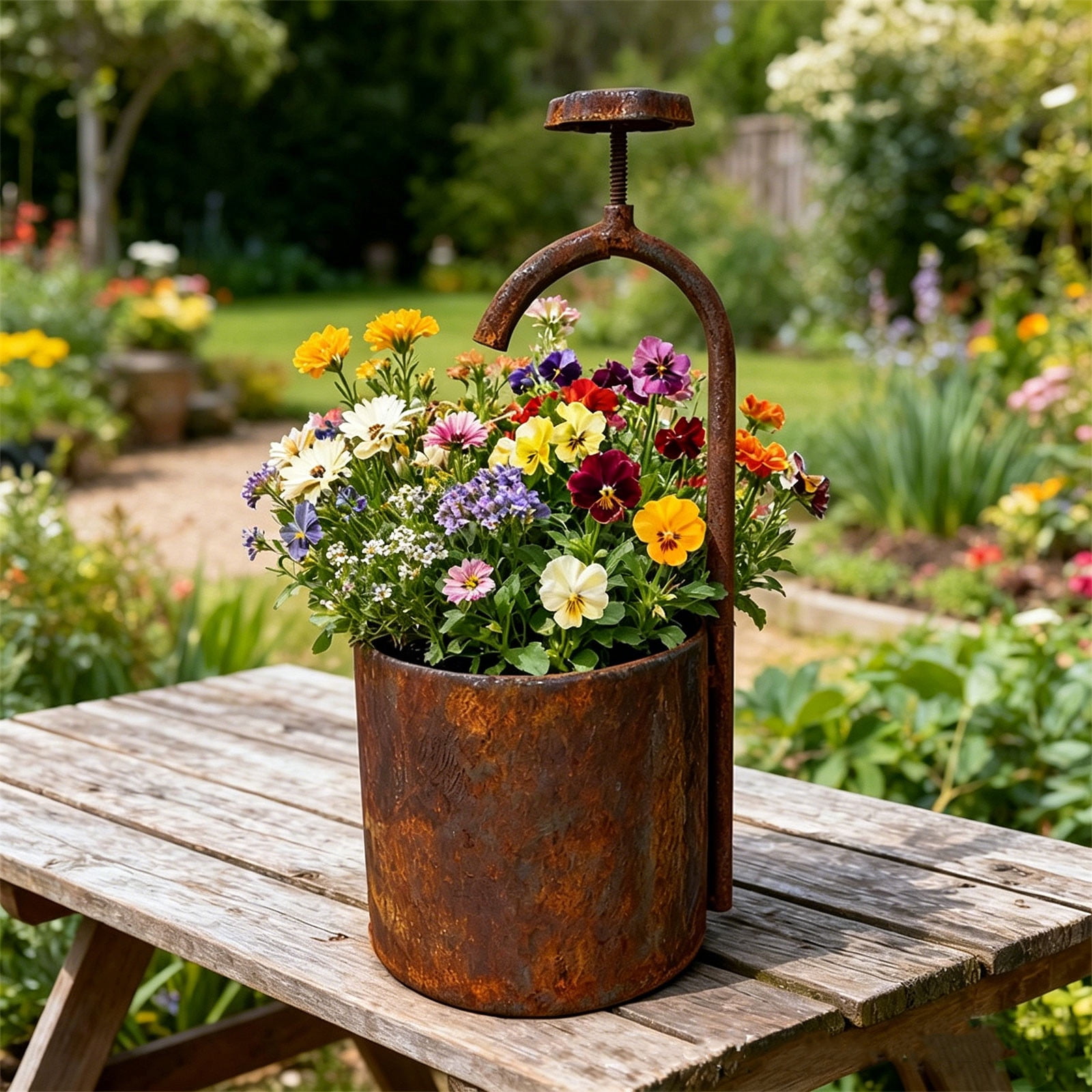Vintage Iron Watering Can Planter Distressed Rust Finish Metal Flower Pot Garden Decor Wall Mount Tabletop Container for Indoor Outdoor