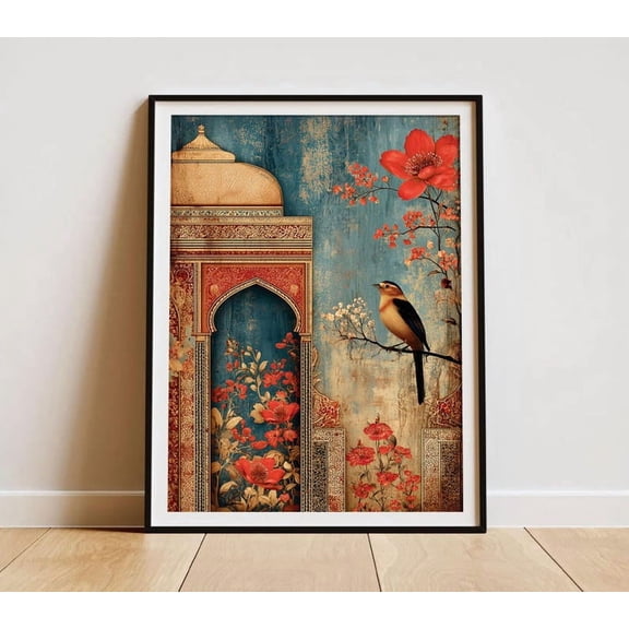 Vintage Islamic Architecture with Bird Wall Art, Persian Mughal Muslim Inspired Botanical Poster, Eid Middle Eastern Moorish Design Print 8x12 UNFRAMED