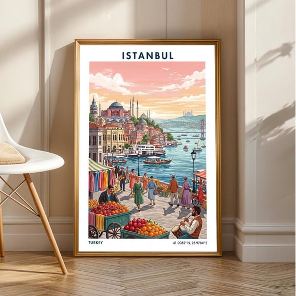 Vintage Istanbul Market Scene Art Print: Colorful Gouache Travel Poster, Unframed Canvas Size 8x12