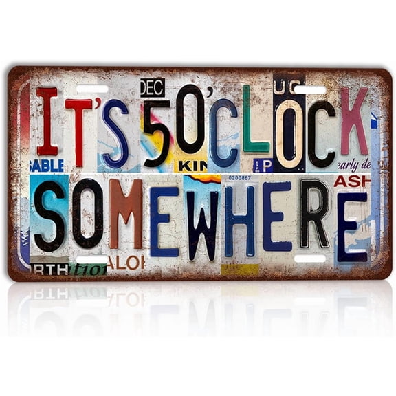 Vintage It''s O''clock Somewhere License Plate Wall Sign, Tin, Home Bar Garage Decor