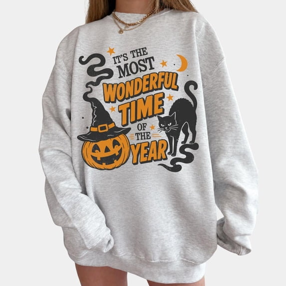Vintage It's The Most Wonderful Time of The Year Sweatshirt, Halloween Black Cat Pumpkin Sweatshirt
