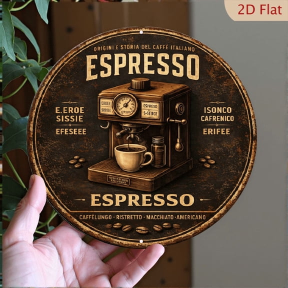 Vintage Italian Espresso Coffee Machine Round Aluminum Wall Art, 8x8 Inch Retro Coffee Shop Decor Metal Sign