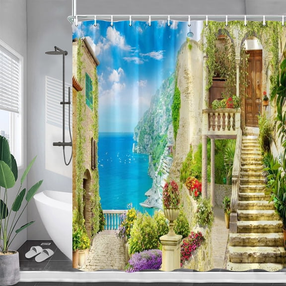 Vintage Italian Street Flowers Shower Curtains Arch Architectural Plants Scenery Bathroom Decor with Garden Wall Hanging