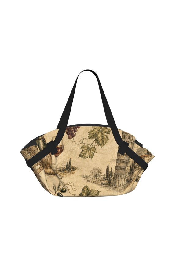 Vintage Italian Travel Pattern 2-in-1 Foldable Picnic Blanket Tote Bag Shoulder Handbag, Large Circular Outdoor Mat for Beach Camping Park